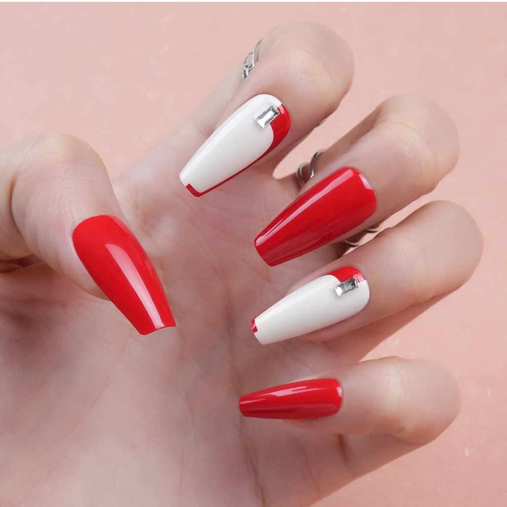 BUNDLE ANY 3 FOR $25 Red & White  color - Press on Gel Nails- New Set 💅
